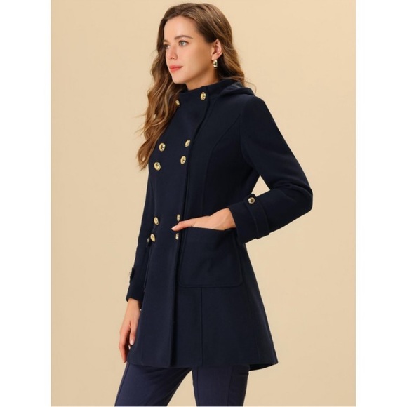 NWT! Allegra K Women's Double Breasted Hoodie Outerwear Winter Coat Navy L - Picture 3 of 6